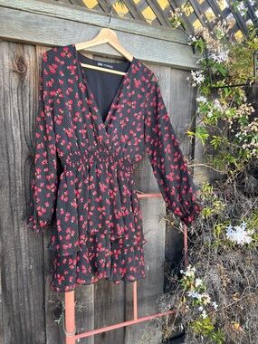 Zara Black Mini Dress with Red Floral Pattern
